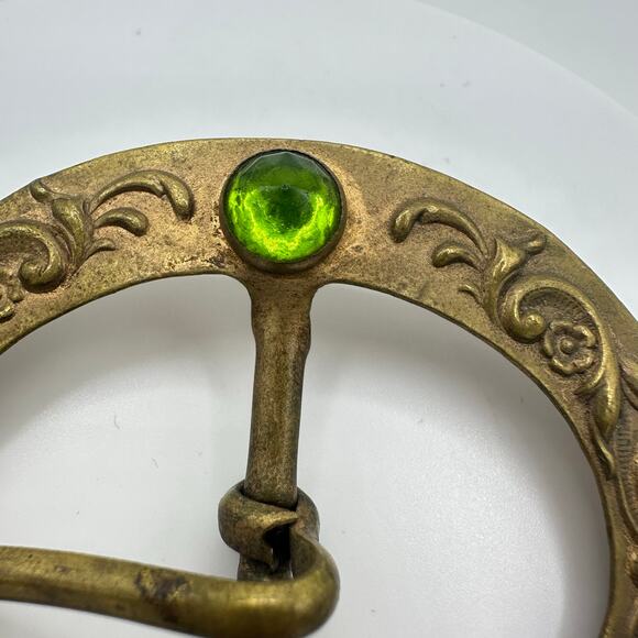 Antique Art Nouveau embossed gold tone brass green rose cut glass belt buckle main image 4